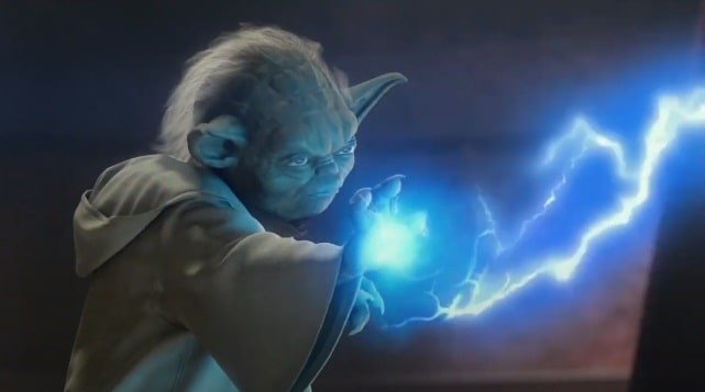 Master Yoda counters Count Dooku's Force lightning using the force