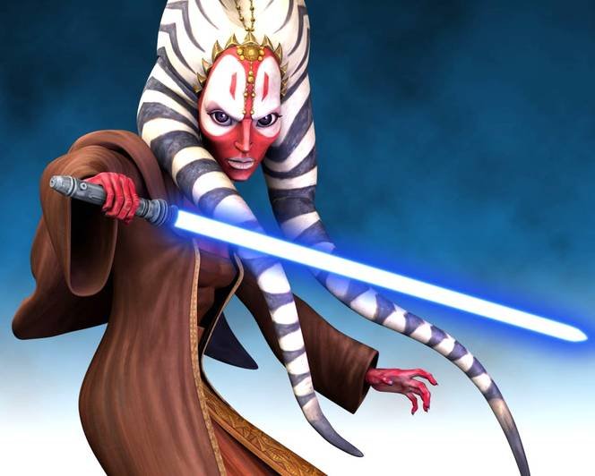 Shaak Ti with her blue lightsaber