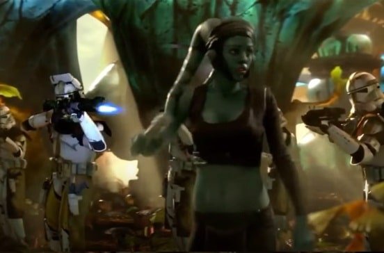 The clones open fire on Aayla Secura, leading to her tragic death.